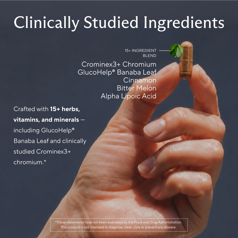A hand holds a small brown capsule against a dark blue-gray background with large white text reading 'Clinically Studied Ingredients' and listing ingredients such as chromium, glucohelp, cinnamon, bitter melon, and alpha lipoic acid.