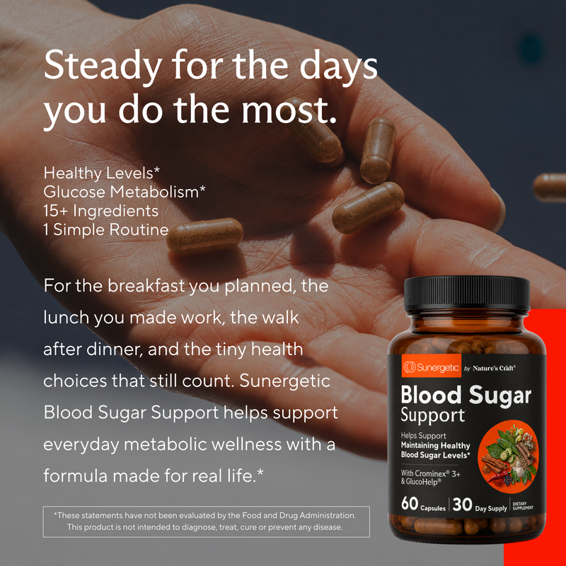 A promotional product image for Sunergetic Blood Sugar Support dietary supplement. The image features a bottle of the supplement on the right, set against a background a hand holding capsules, with marketing text on the left.