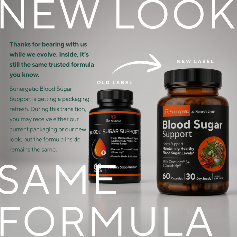 Two supplement bottles for Sunergic Blood Sugar Support shown on a gray promotional background with text explaining a packaging refresh. The left bottle shows the old label, and the right bottle shows the new label.