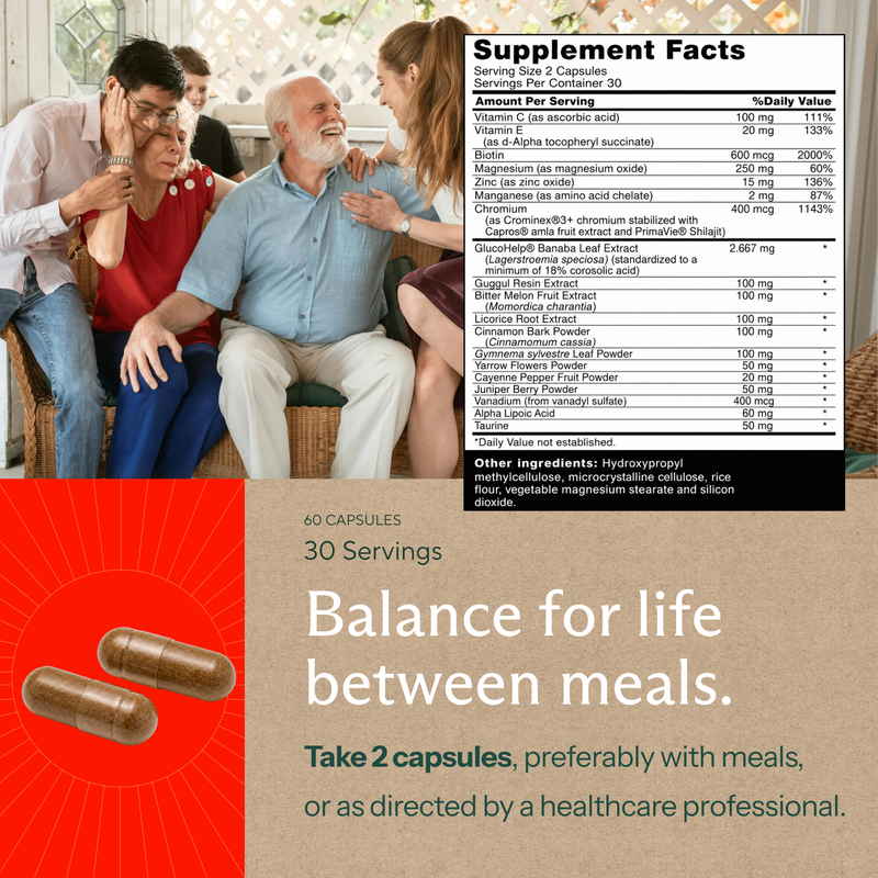 A family sitting together smiling and laughing alongside a Supplement Facts panel and supplement usage information. 