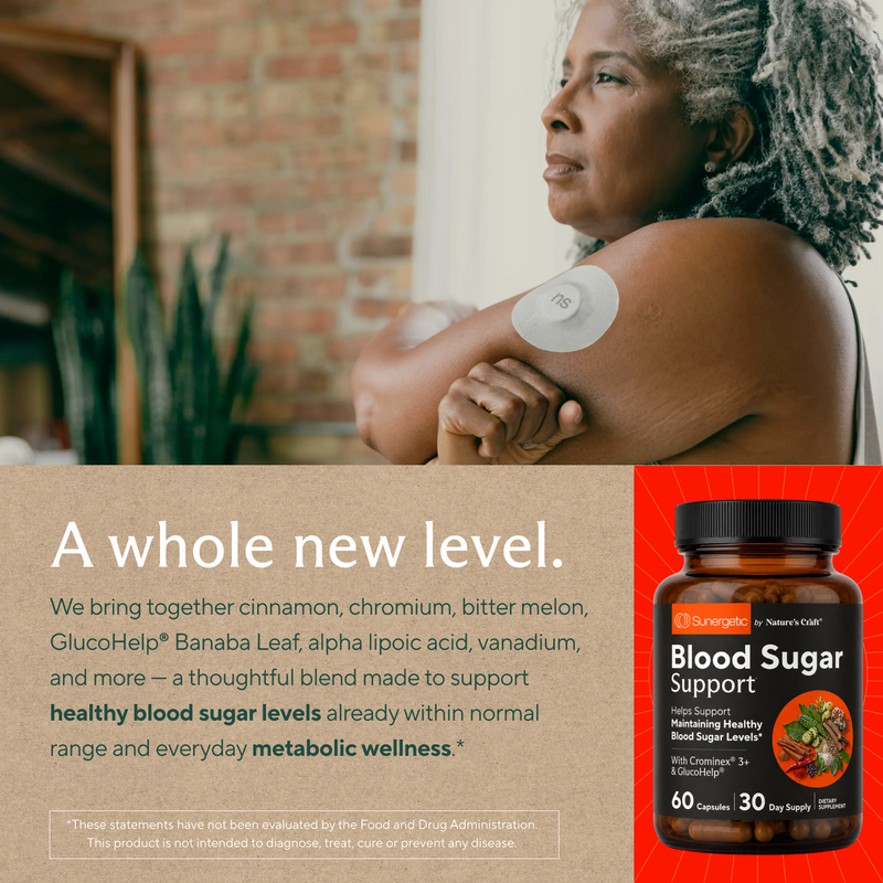 A woman with a circular blood sugar monitor on her upper arm, alongside a bottle of Blood Sugar Support supplement and text highlighting its ingredients and benefits.