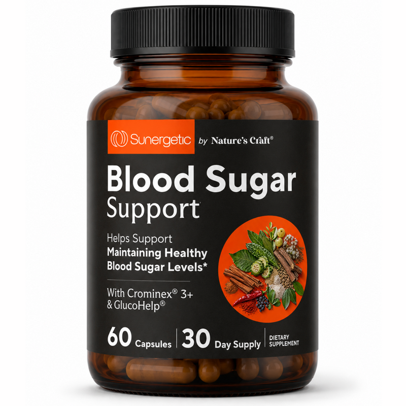 A bottle of Sunergetic Blood Sugar Support dietary supplement by Nature's Craft, containing 60 capsules for 30 days. The product is in an amber brown bottle with a black cap.