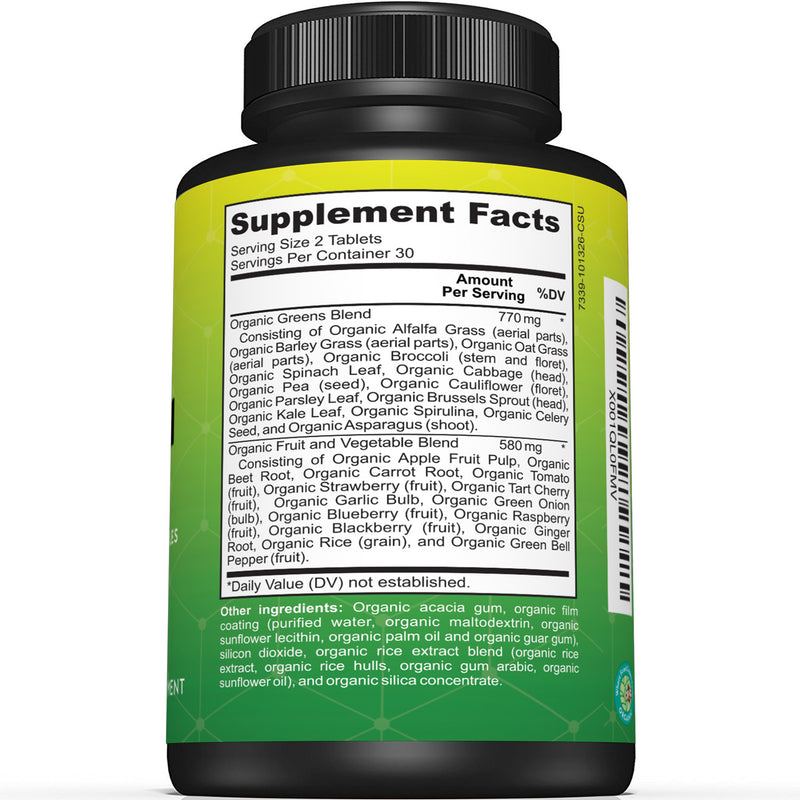 Premium USDA Organic Greens Superfood Tablets -Includes Organic Greens, Fruits & Vegetables - Sunergetic