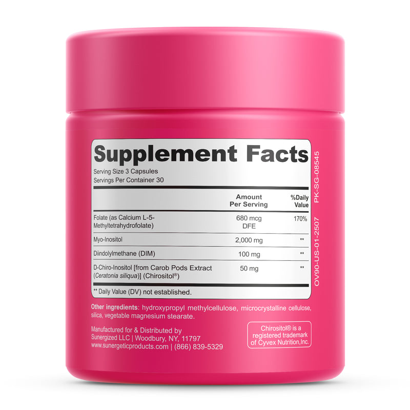 Premium Ovarian Health Support Supplement – Hormone Balance, Ovulation & Cycle Regularity - Myo-Inositol & D-Chiro Inositol Supplement for Women – 40:1 Inositol Ratio With Folate & DIM – 90 Capsules - Sunergetic