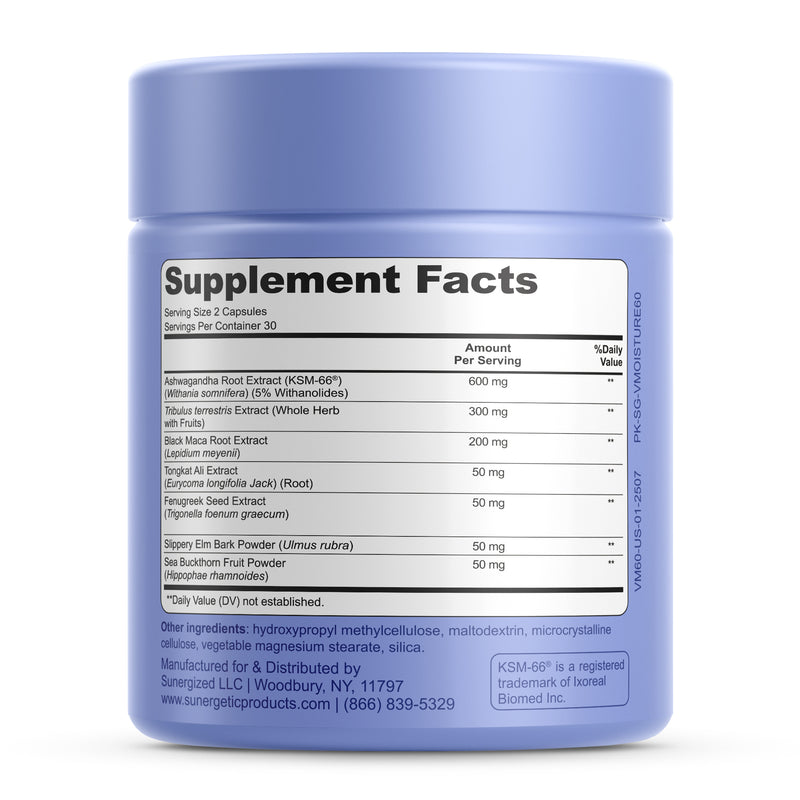 Premium Vaginal Moisture Support Capsules - Vaginal Moisture & Mood, Sexual Function, & Relaxation, Vaginal Dryness, Feminine Wellness & Intimacy, KSM 66 Ashwagandha, Slippery Elm & Maca - 60 Capsules - Sunergetic