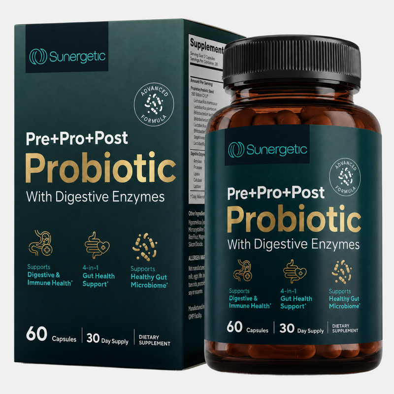 Premium 4-in-1 Probiotic Prebiotic, Postbiotic & Digestive Enzymes – 60 Capsules - Sunergetic