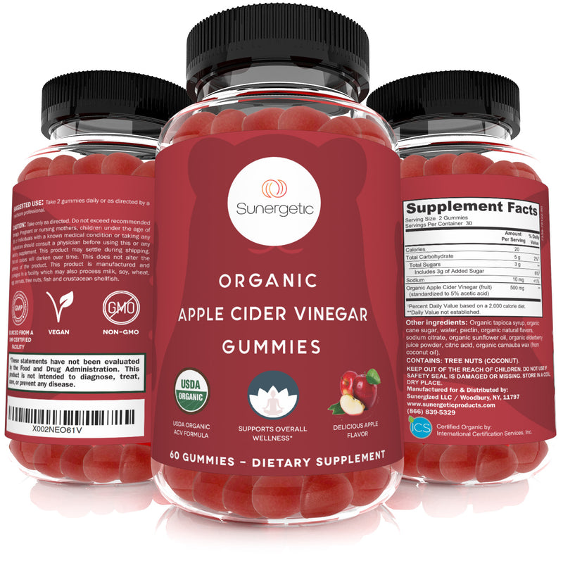 USDA Organic Apple Cider Vinegar Gummies - 60 ACV Gummies - Sunergetic