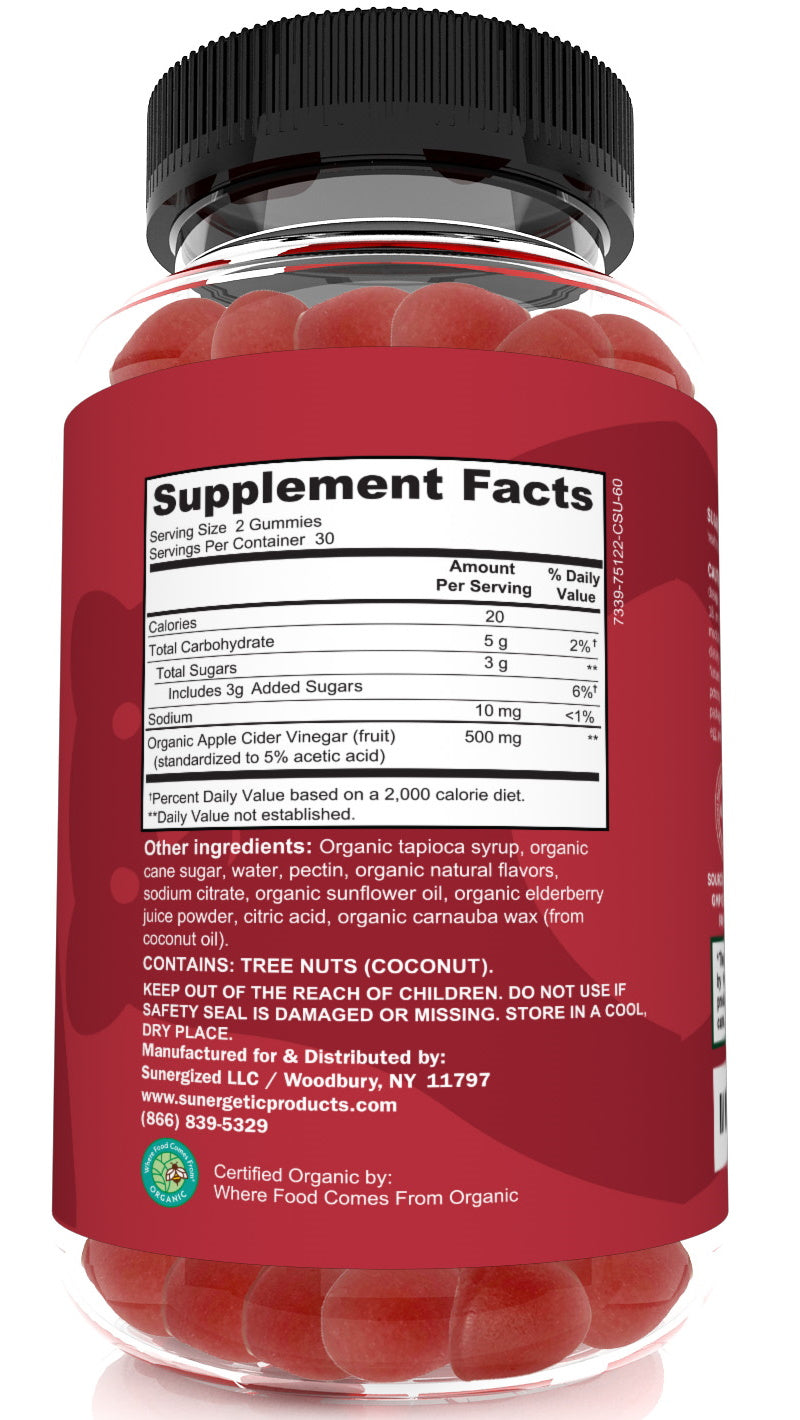 USDA Organic Apple Cider Vinegar Gummies - 60 ACV Gummies - Sunergetic