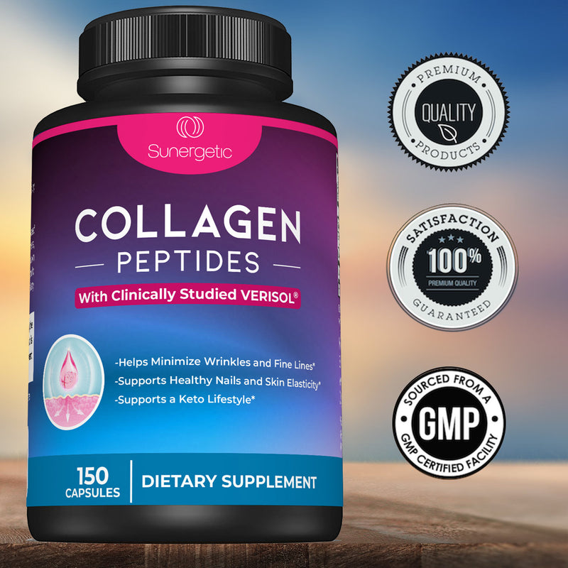 Premium Collagen Peptides Capsules – Includes 2,500 mg of VERISOL® Collagen Type 1 & Type 3 - Sunergetic