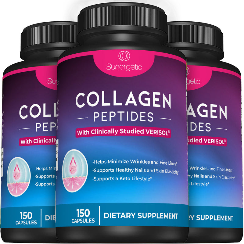 Premium Collagen Peptides Capsules – Includes 2,500 mg of VERISOL® Collagen Type 1 & Type 3 - Sunergetic