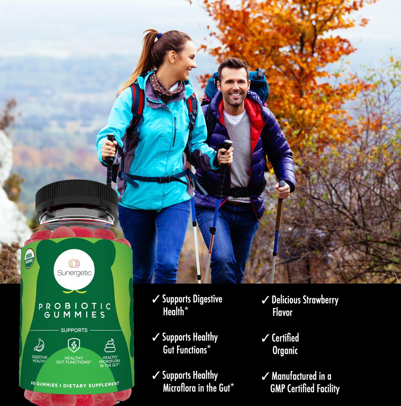 Organic Probiotic Gummies – 5 Billion CFU Per Serving - 60 Probiotic Gummies - Sunergetic